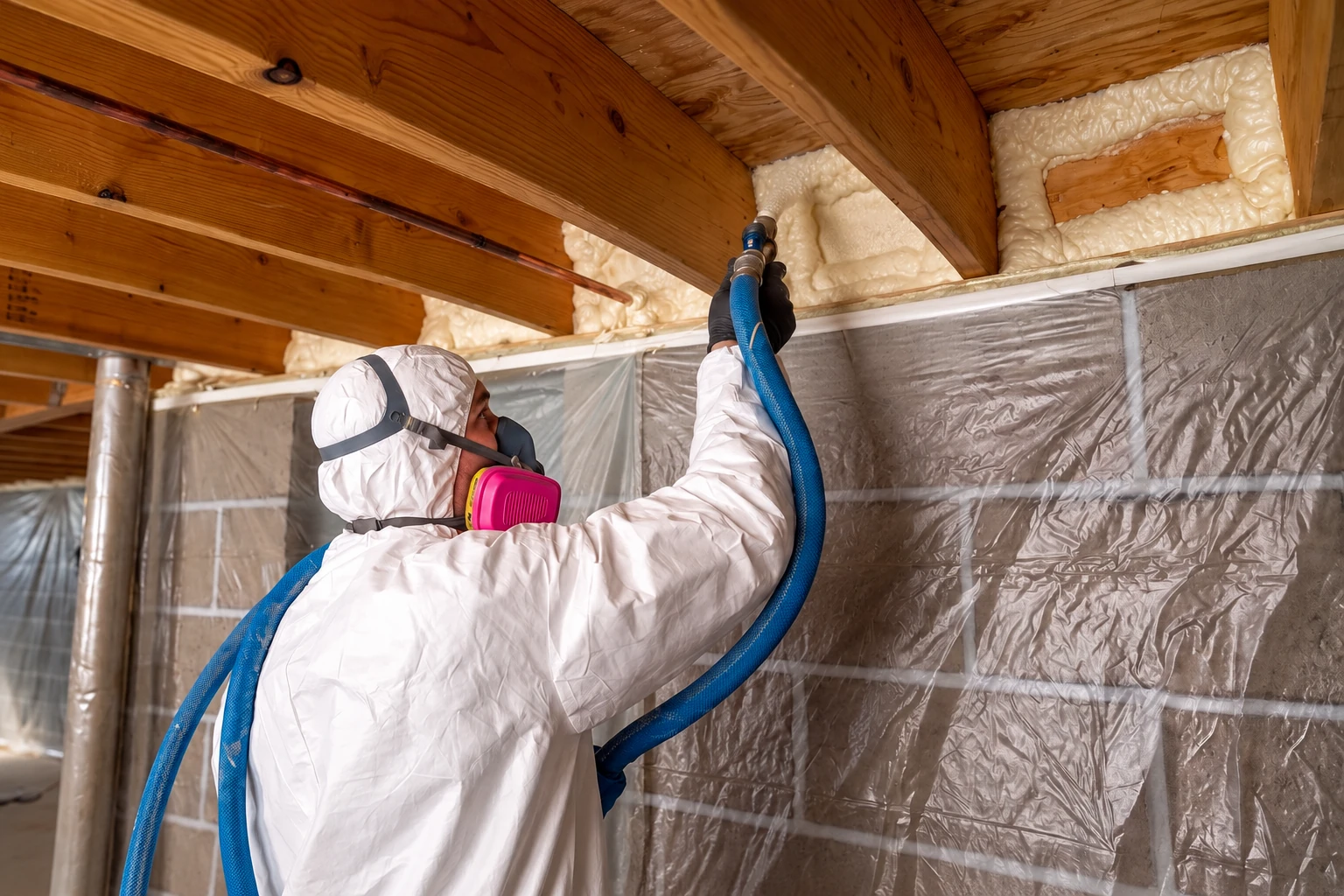 A worker in protective coveralls and a respirator sprays foam insulation along the upper edge of a plastic-lined crawl space.