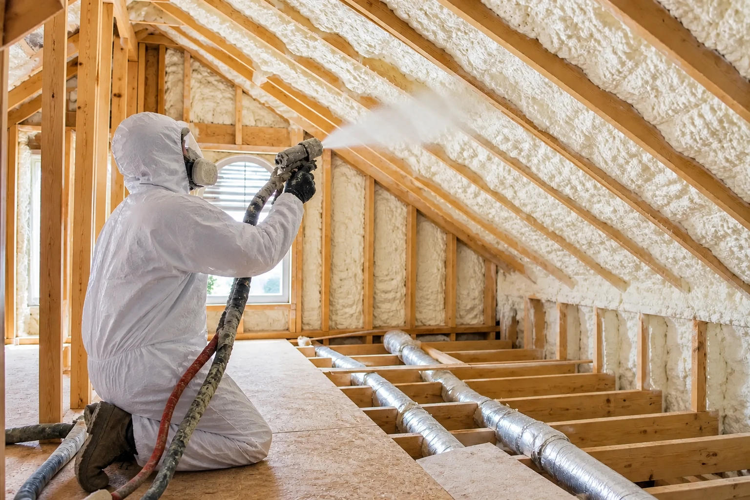 A worker in protective gear sprays foam insulation along the rafters of an unfinished attic.