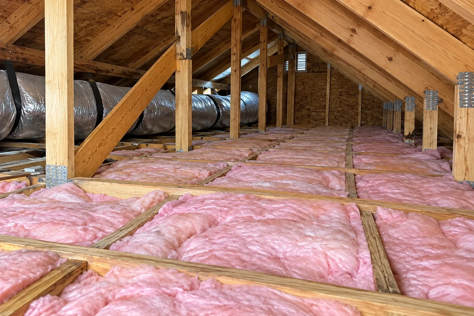 Pink fiberglass batts lie between attic joists beneath exposed roof framing and an HVAC duct.