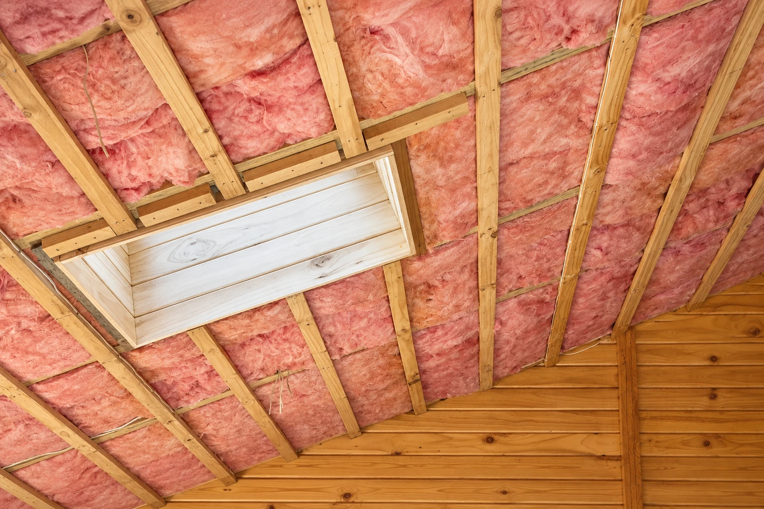 Pink batt insulation fills the sloped roof framing of an attic around a rectangular ceiling hatch.