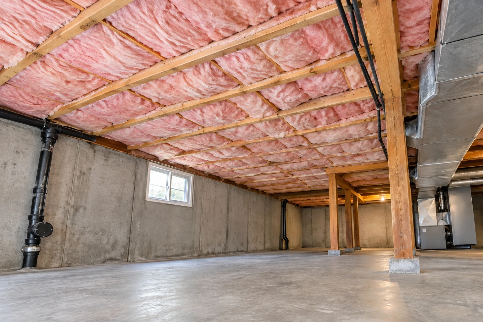 Pink fiberglass batts fill the ceiling joists above a concrete basement floor, with ductwork and support posts nearby.