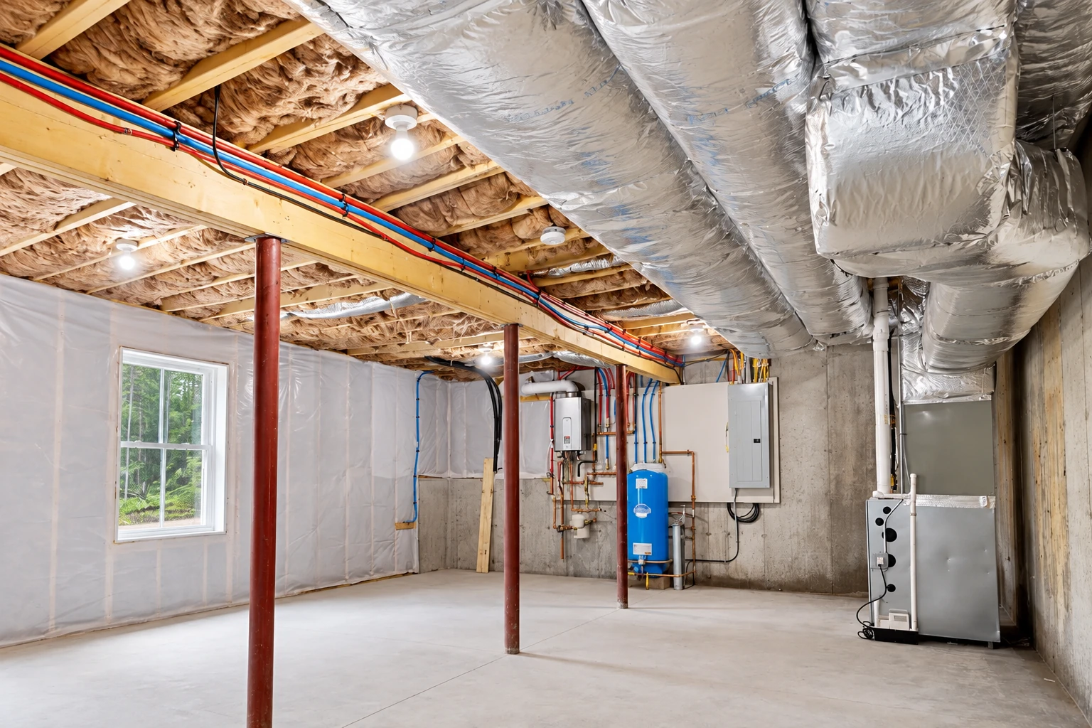 An unfinished basement has insulated ceiling joists, large silver ducts, exposed pipes and mechanical equipment.