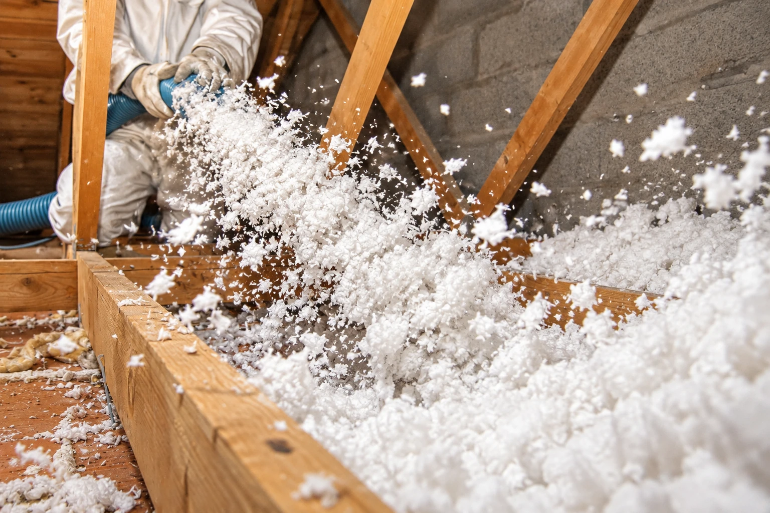A worker uses a blue hose to blow loose white insulation into an attic between wooden joists.