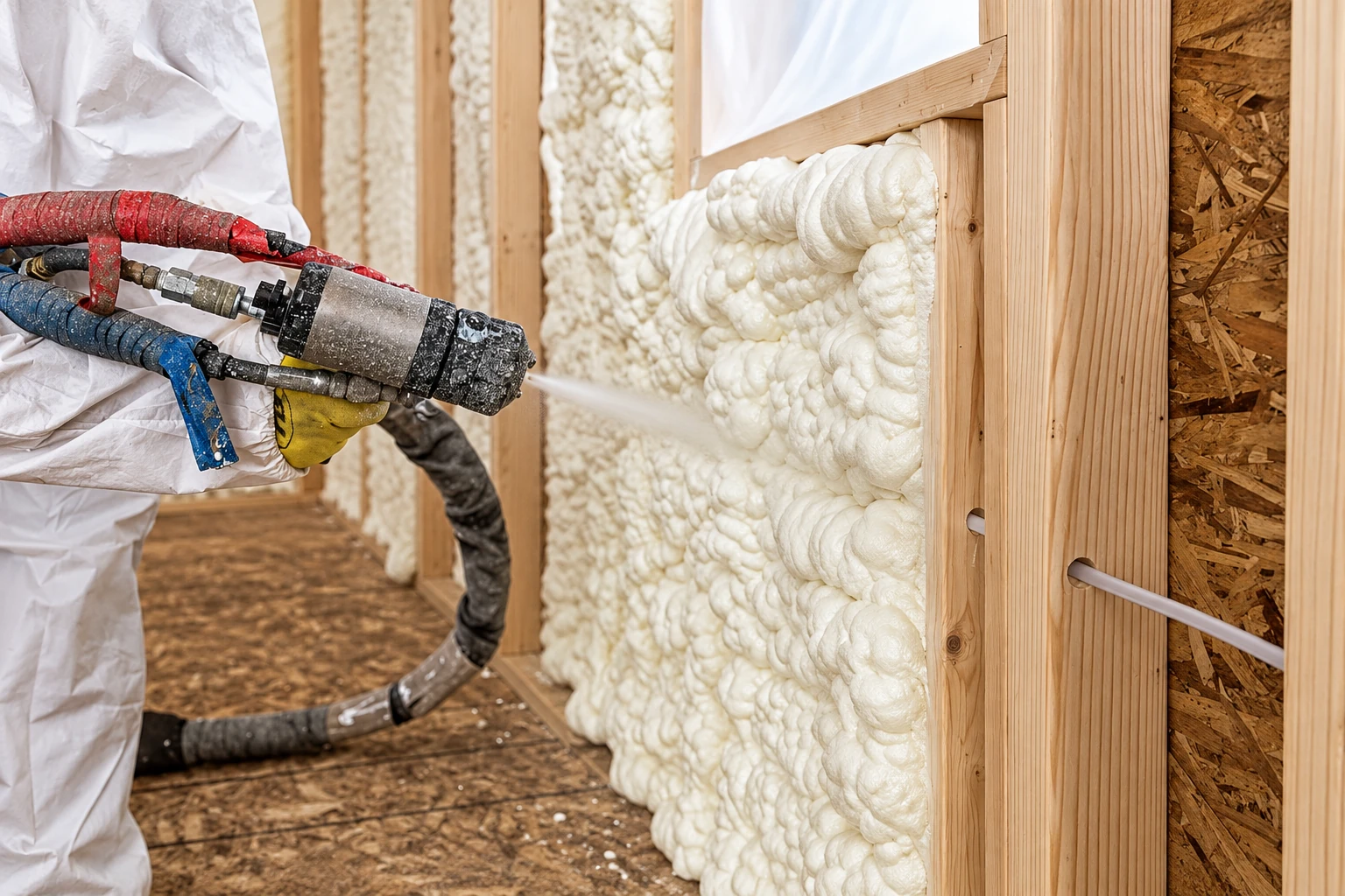 A spray foam gun applies thick white closed-cell foam between wooden wall studs.