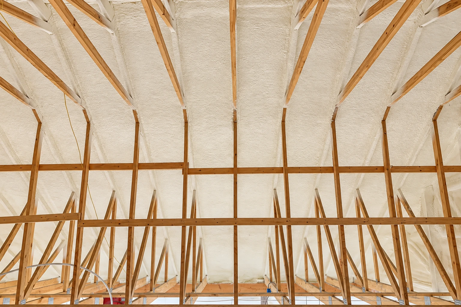 White spray foam fills the roof cavities between exposed wooden rafters in a large unfinished structure.