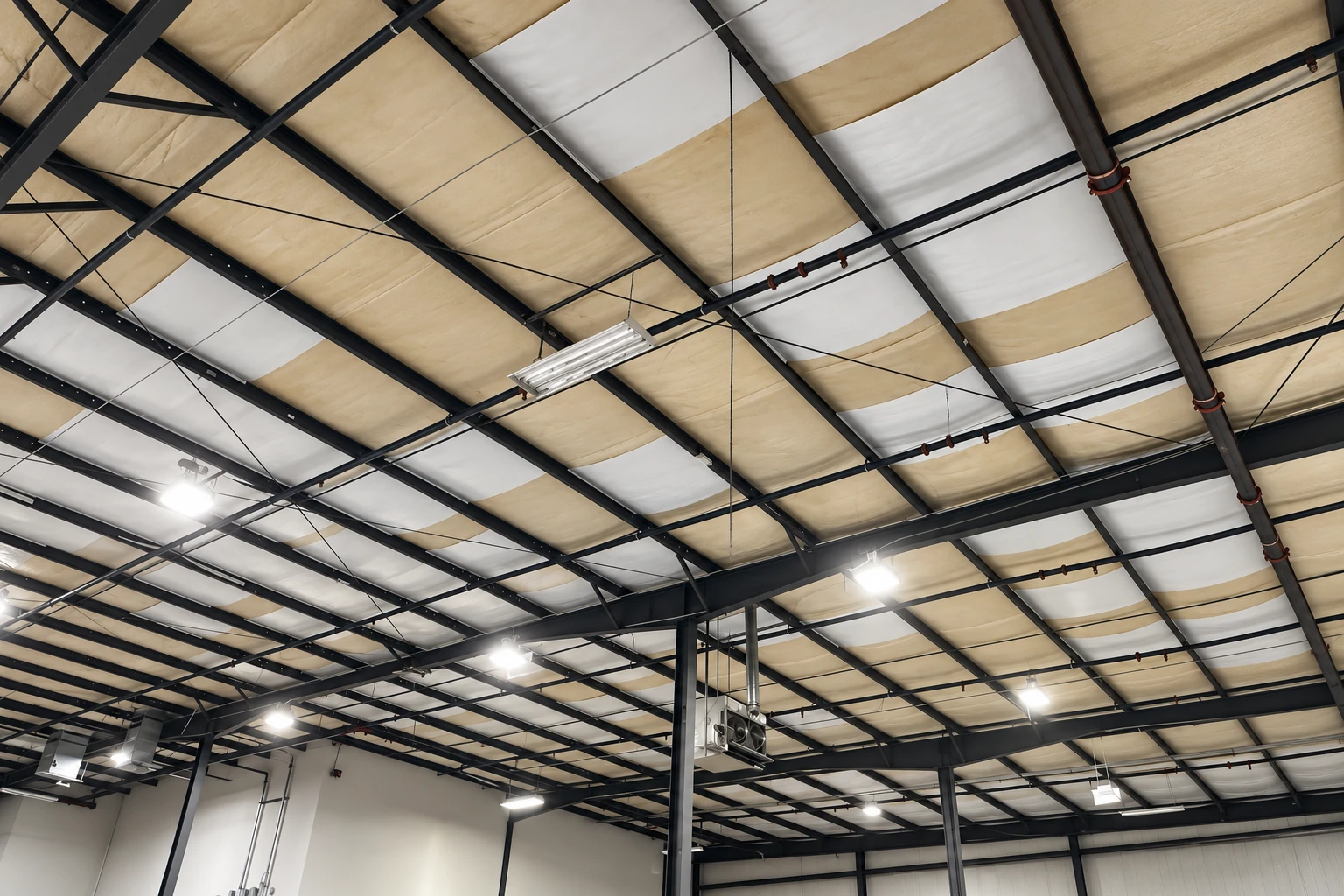 Beige insulation panels fill the underside of a commercial roof’s black steel framework.