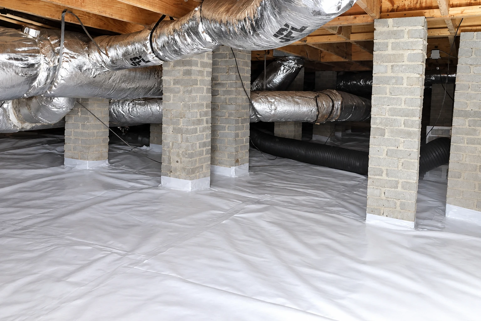 Crawl space with a white floor vapor barrier, brick support piers, and silver and black HVAC ducts beneath wooden joists.