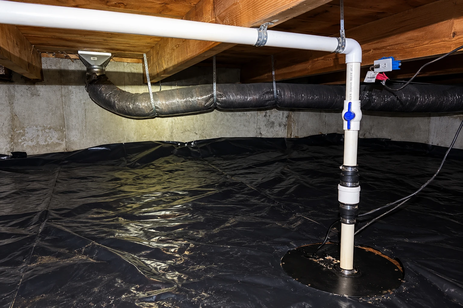 A crawl space has a black plastic vapor barrier on the ground, with pipes and a flexible duct overhead.