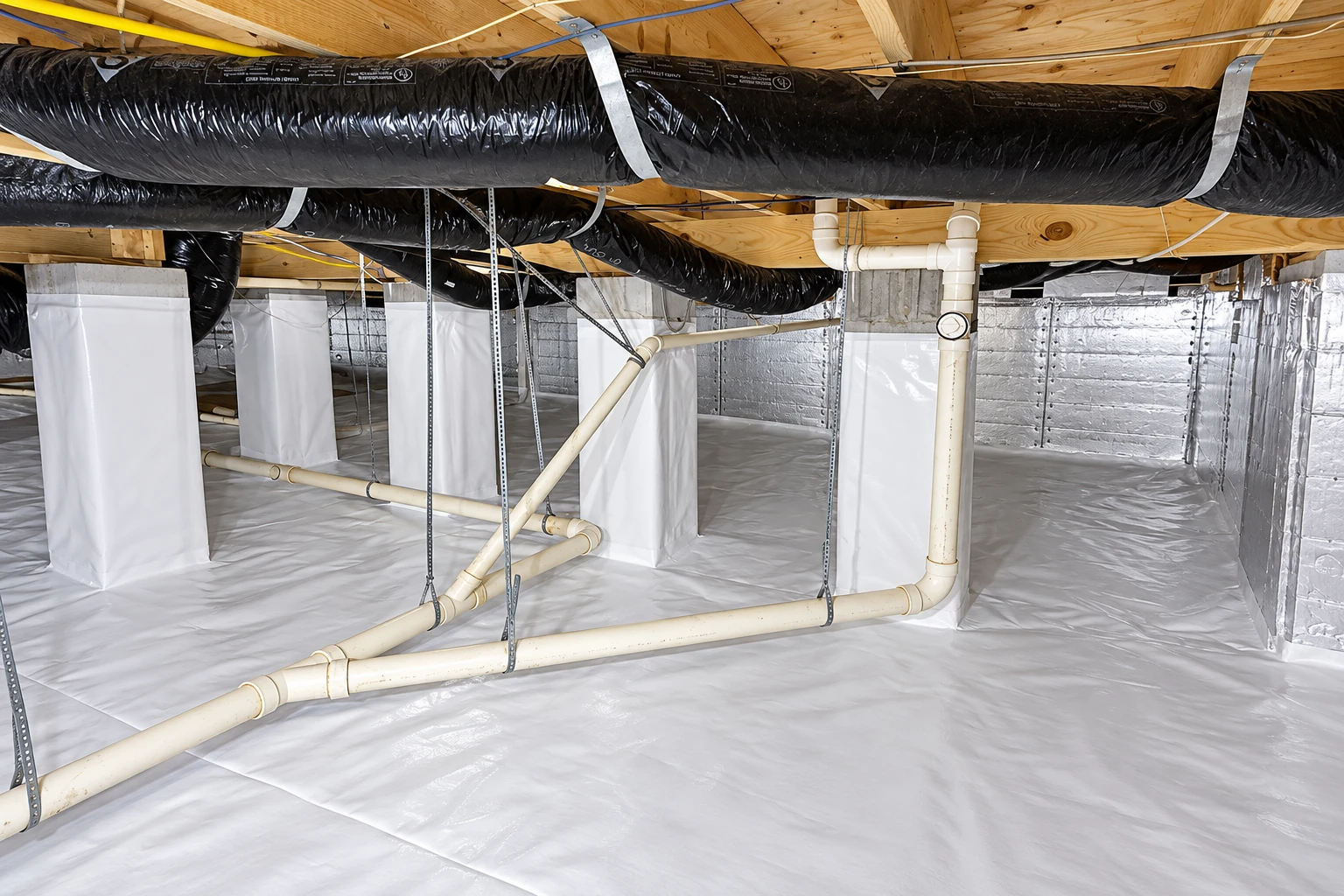 A crawl space has a white vapor barrier covering the floor and walls, with ducts and pipes overhead.