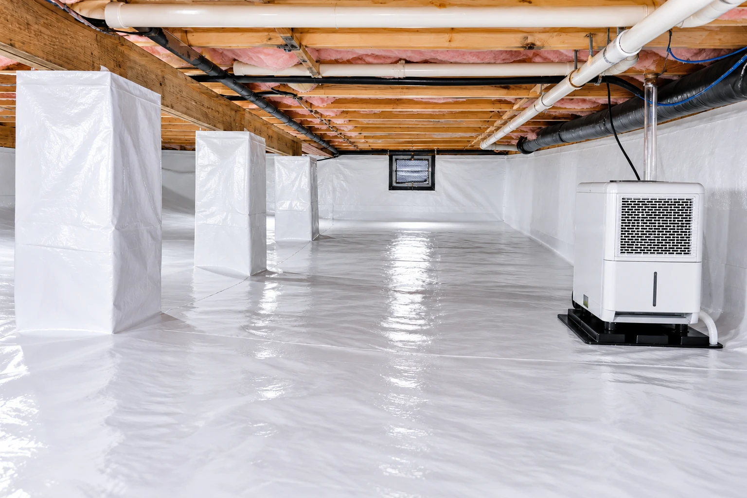 A crawl space has white vapor barrier covering the floor and walls, with pipes overhead and a dehumidifier at right.