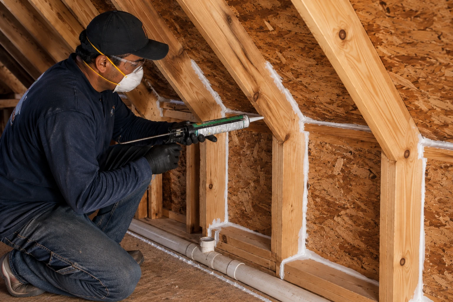 A worker wearing a mask seals gaps in wooden attic framing with foam from a handheld applicator.