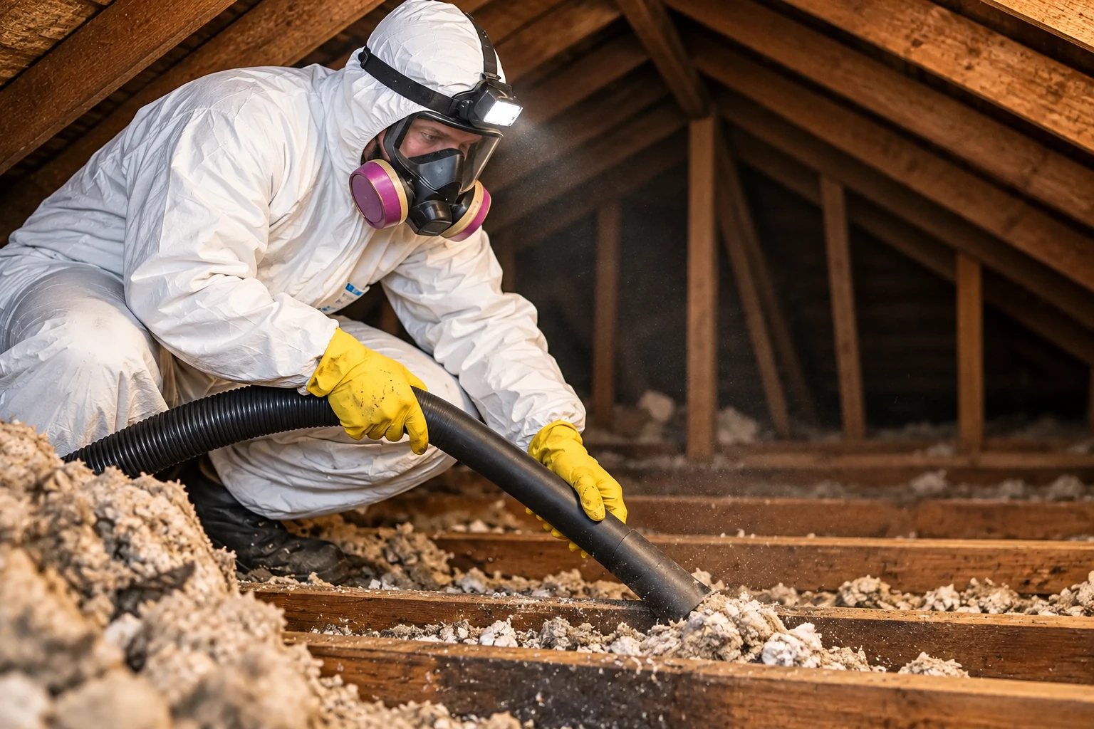 A worker in protective gear vacuums loose attic insulation through a black hose.