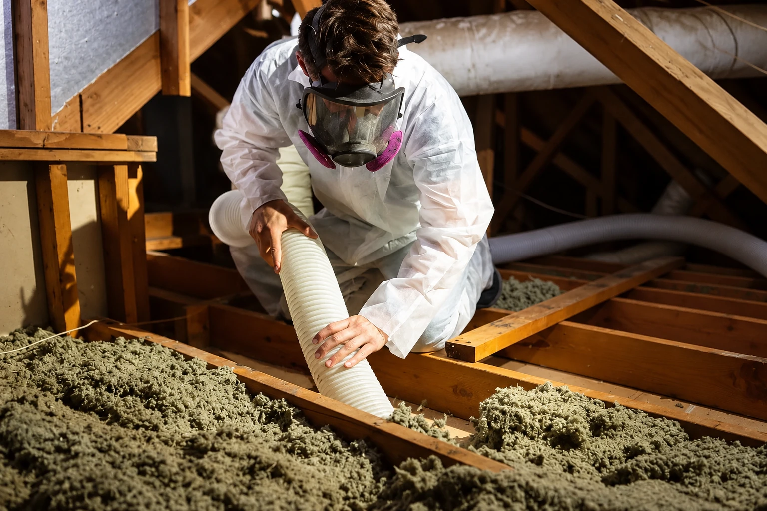 A worker in protective coveralls and a respirator vacuums loose insulation from attic floor joists through a hose.