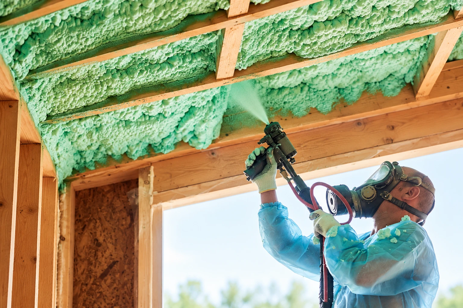 A worker in protective gear sprays green open-cell foam between exposed roof rafters.