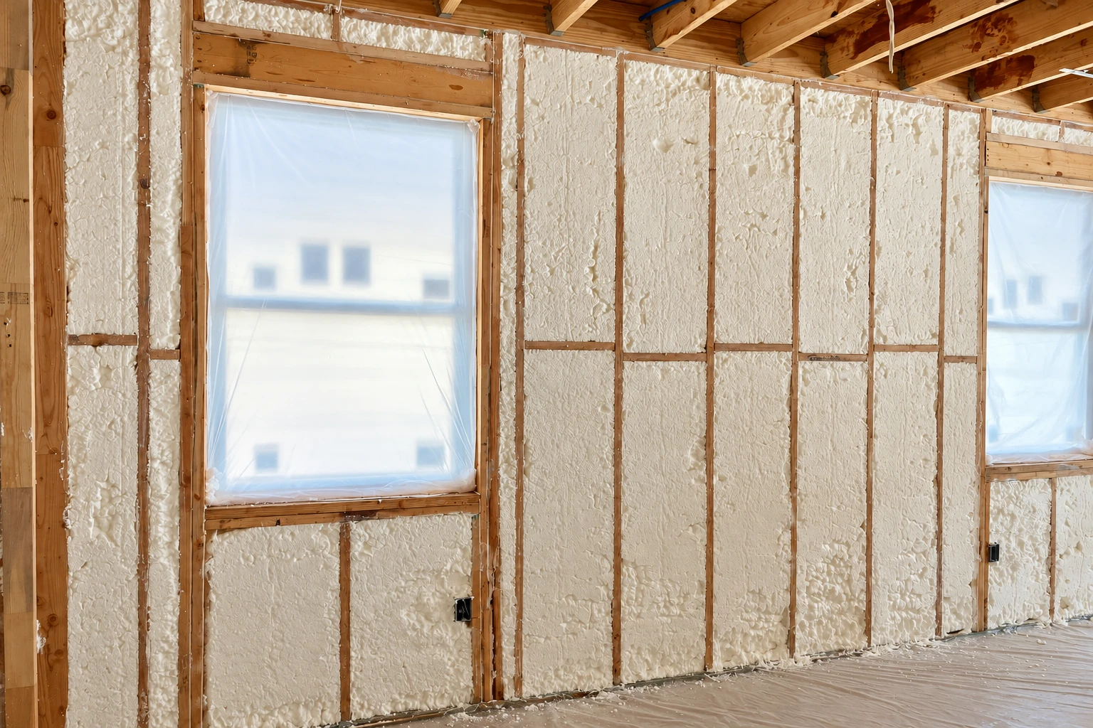 White open-cell foam fills the wall cavities around two covered windows in an unfinished room.