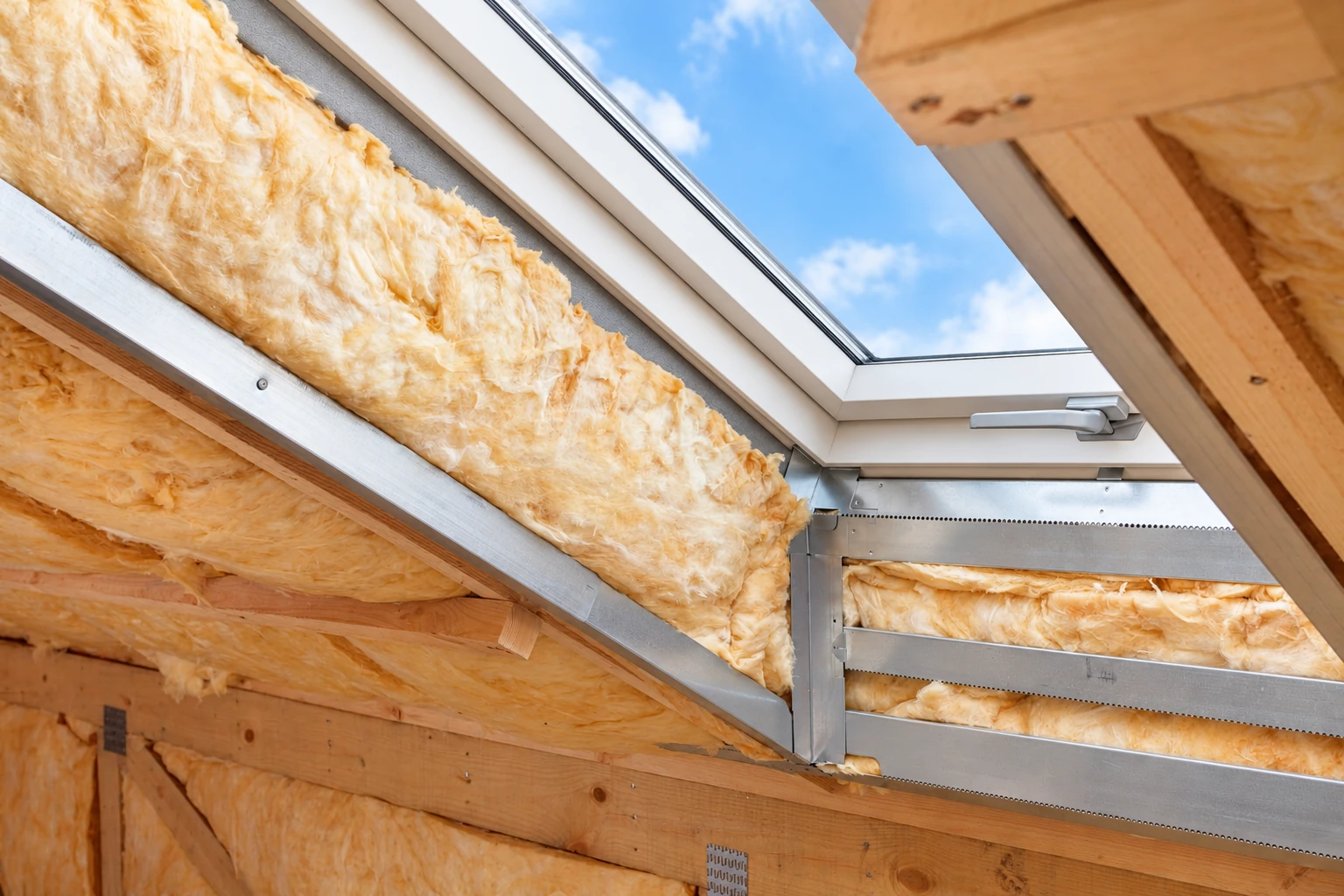 Fiberglass insulation fills the sloped rafters around a skylight in an unfinished attic.