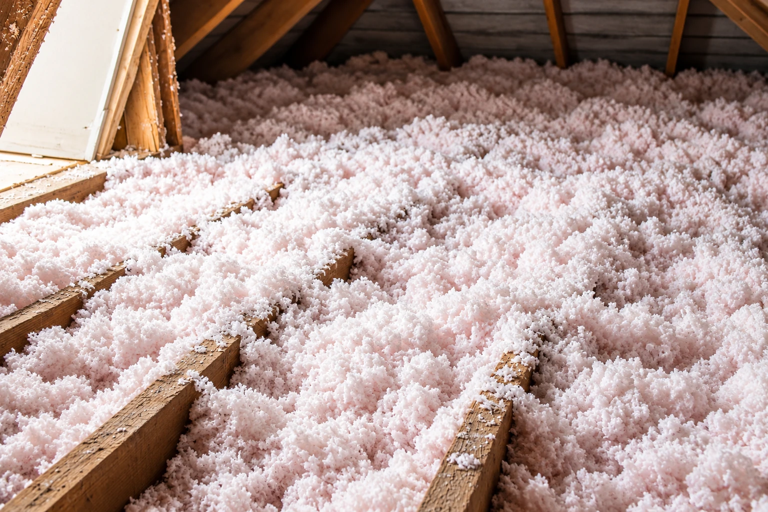 Loose-fill insulation covers the floor between exposed rafters in an attic.