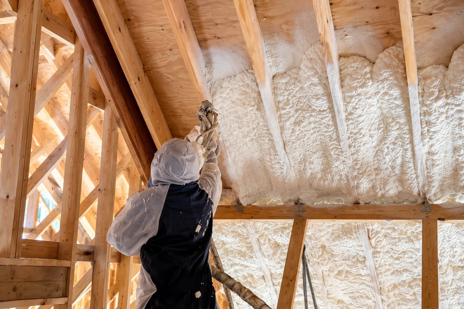 A worker in protective coveralls sprays foam insulation onto the underside of a wooden roof, filling the spaces between rafters.