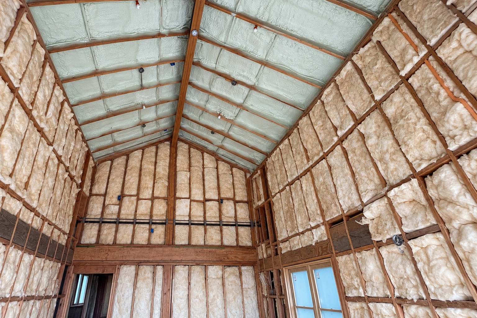 A tall unfinished room has white spray foam coating the roof panels and pale batt insulation filling the wall framing.
