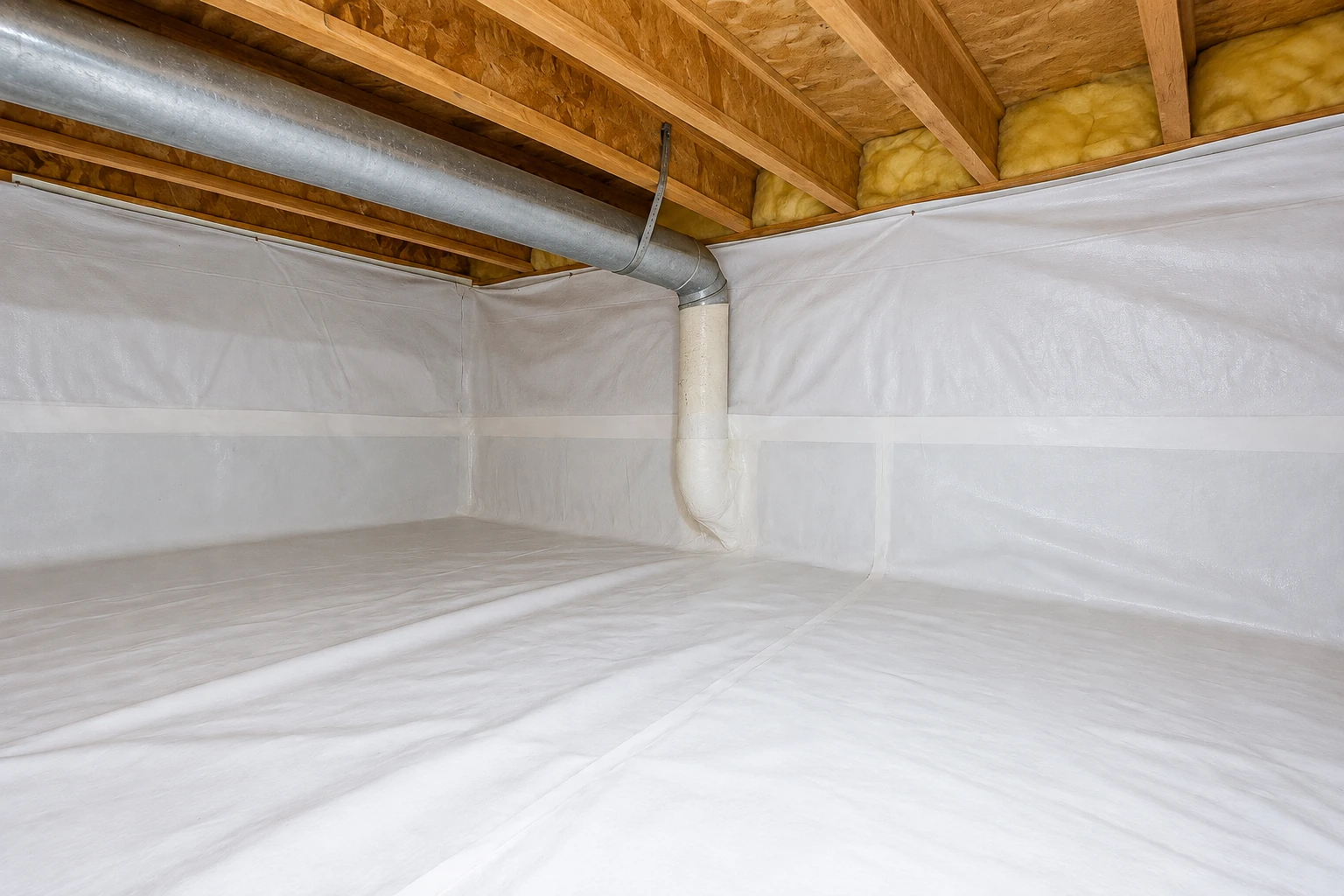 White vapor barrier sheeting covers a crawl space floor and walls beneath exposed wooden joists.