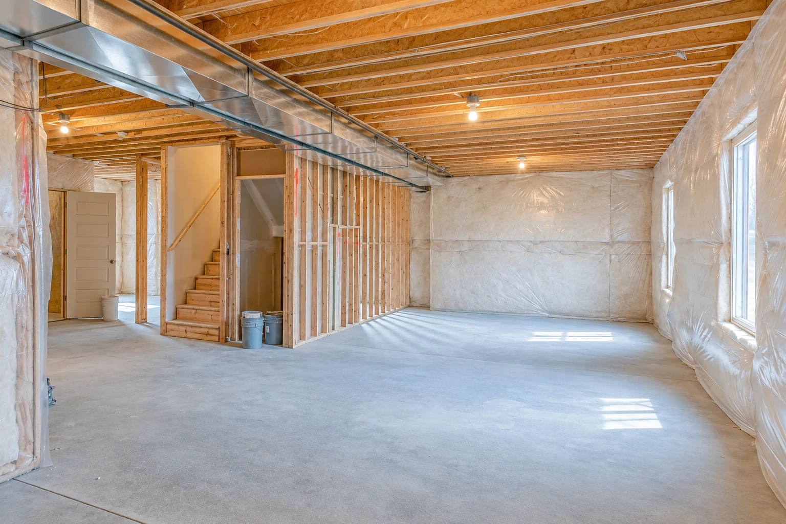 An unfinished basement has exposed framing, plastic-covered walls, and open floor space beneath ceiling joists.